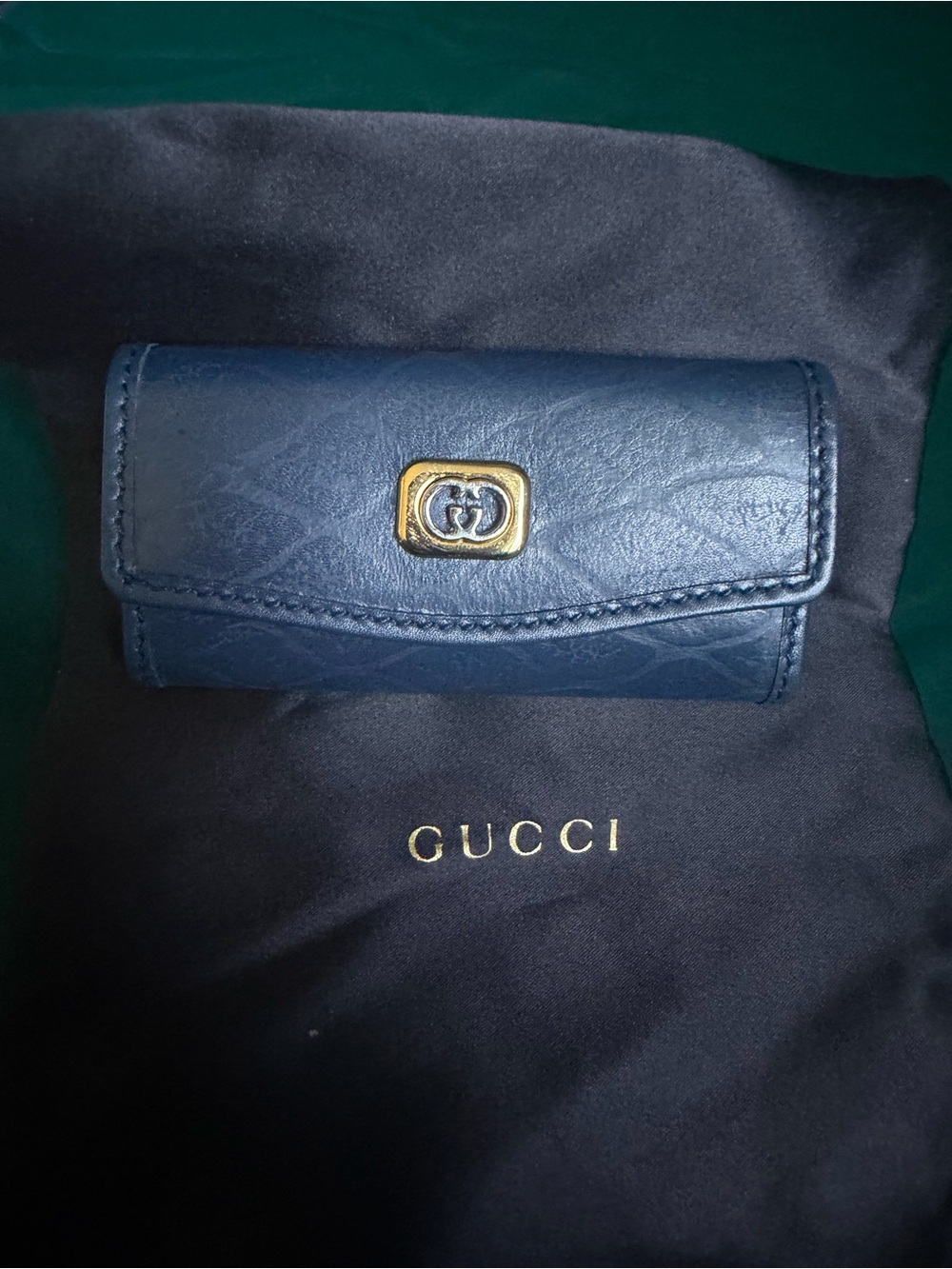 Gucci Navy Blue Leather Key & Card Holder with Gold Hardware